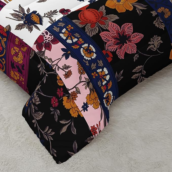Boho Floral Comforter Set Queen Size Checkered Flower Bedding Sets 3PCS for Kids Teen Adult Retro Flowers Room Decor Ultra-Soft Lightweight Microfiber 1 Comforter with 2 Pillowcases