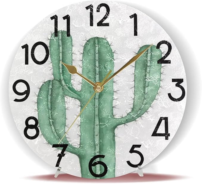 Summer Cactus Cacti Round Wall Clock 10 Inch Tropical Style Quartz Battery Operated Summer Decoration for Living Room Kitchen Bedroom Bathroom Large Numbers