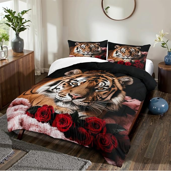 Tiger Comforter Set Queen Size Wildlife Bedding Sets for Kids Teen Safari Animal Bedding Room Decor,Red Rose Quilt Set 3Pcs Soft Breathable Duvet Insert with 2 Pillowcases