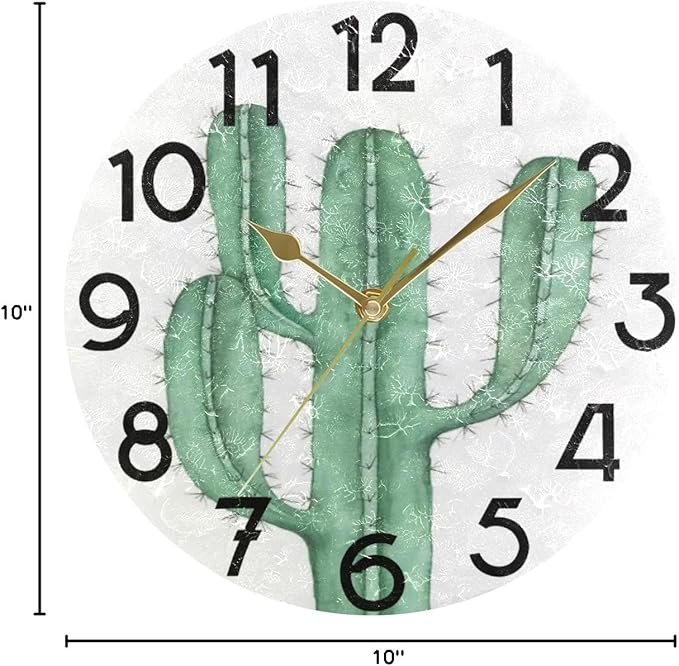 Summer Cactus Cacti Round Wall Clock 10 Inch Tropical Style Quartz Battery Operated Summer Decoration for Living Room Kitchen Bedroom Bathroom Large Numbers