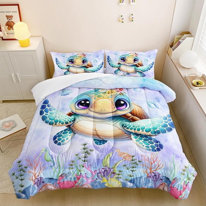 Turtle Bedding Set 3pcs Queen Ocean Life Shell Comforter Set Kid Fish Crab Bedding Set for Boy Girl Watercolor Tortoise Seaweed Theme Pattern Quilt Bed Set with 1 Comforter and 2 Pillowcases