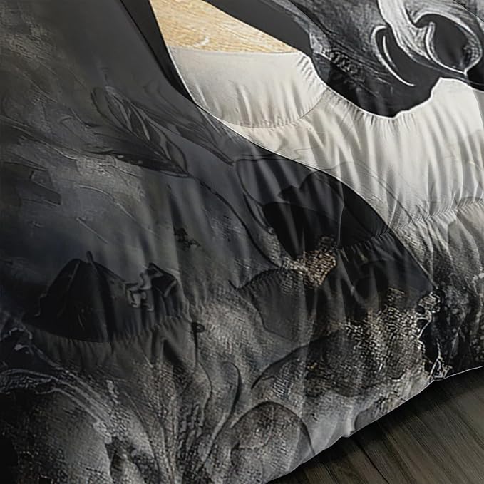 Black White Horses Comforter Set Queen Size,Golden Ink Painting Flora Bedding Set for Kids and Adults Bedroom Horse Decor,Wild Animal Theme Art Aesthetics Comforter Set with 2 Pillowcases.