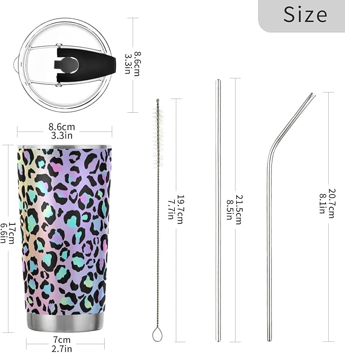 Tumbler Cute Neon Gradient Leopard Print Insulated Office Coffee Cup Back to School Beverage Container Travel Mug with Straw and Lid Double Wall Stainless Steel 20oz