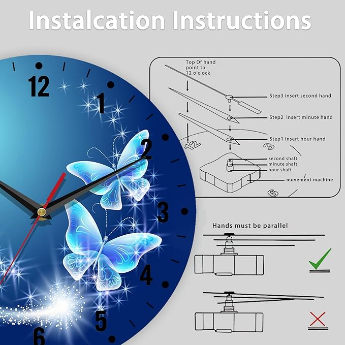 SPUNKER Wall Clock,Blue Glowing Butterflies Kitchen Wall Clock,Stars Clocks 10 Inch Silent Non-Ticking Wall Battery Operated for Living Room Bedroom Bathroom Laundry Room Decor
