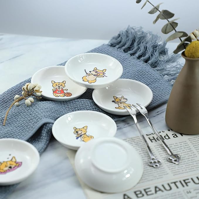 Super Cute Cartoon Animal Pattern Ceramic Sauce/Seasoning/Sushi Soy Dipping Bowl/Appetizer Plates/Serving Dish for Kitchen Home (Set of 6) - Corgi
