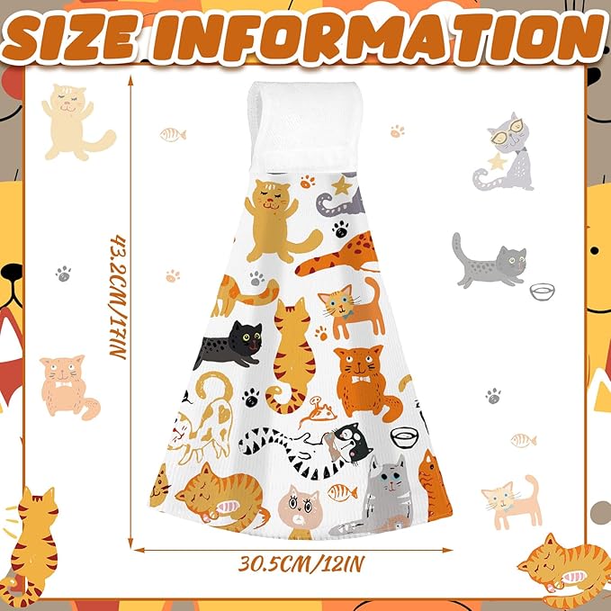 Sratte 4 Pcs Cat Kitchen Tie Towels with Hanging Loop Set Funny Cat Lover Gift Cute Hand Towels Kitty Owners Bath Dish Absorbent Oven Stove Washcloth for Home Women Mom Housewarming Gifts Decor