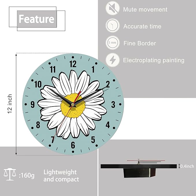 SPUNKER Clock for Bedroom,White Daisy Wall Clocks for Living Room Decor,Summer Flower Kitchen Clocks Wall Battery Operated - 10 Inch Round Bathroom Wall Clock Silent Non-Ticking