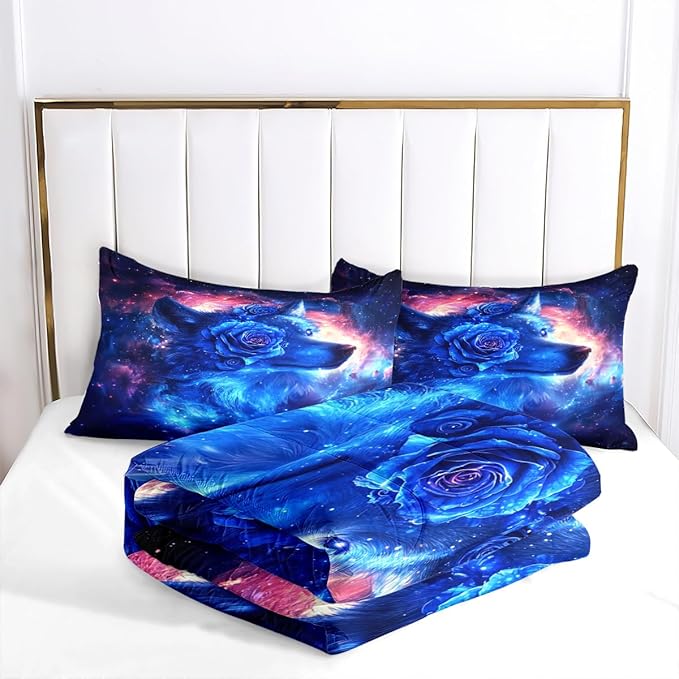 Blue Galaxy Wolf Comforter Set Twin Size Cute Animal Bedding Set Aesthetic Bedding Comforters Soft Down Alternative Comforter Sets with 1 Pillowcase