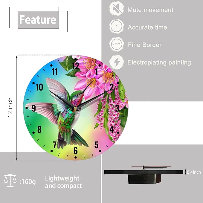 SPUNKER Clocks for Living Room,Hummingbird Wall Clock Battery Operated 10 Inch,Tropical Bird Red Flowers Round Clock Silent Non-Ticking Wall Decor for Farmhouse Office Home School Living Room Bedroom