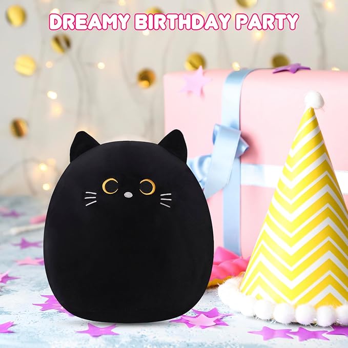 SQEQE Cat Plush Pillow Kawaii Cat Stuffed Animal Fluffy Cartoon Cat Plushies Cat Plushie Doll Toys Soft Cat Shape Design Stuffed Animals Gifts for Kids(Black, 10 inch)