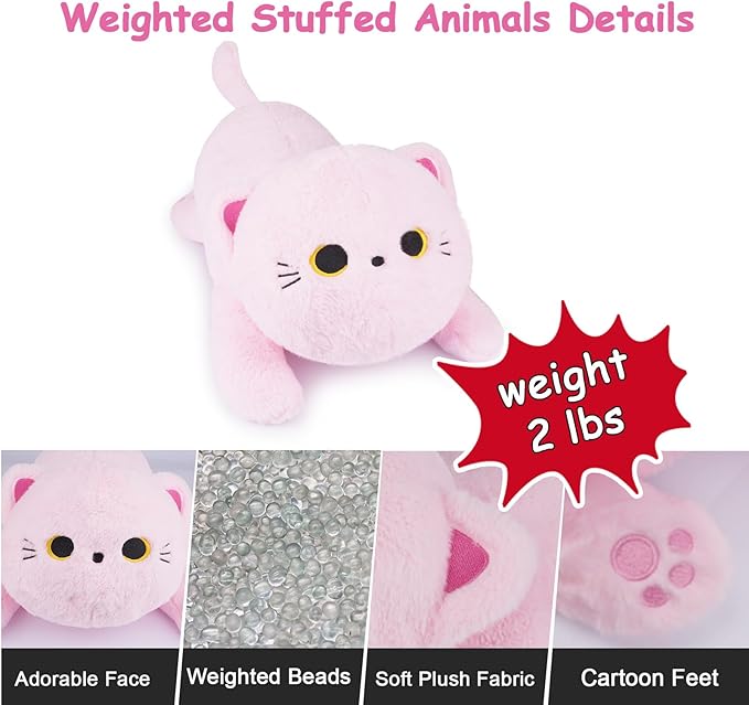 Weighted Cat Plush,Weighted Pink Cat Stuffed Animal for Kids,Kawaii Large Cat Hugging Weighted Plush Pillow Toys Gifts for Kids,18 Inch,2 Lbs