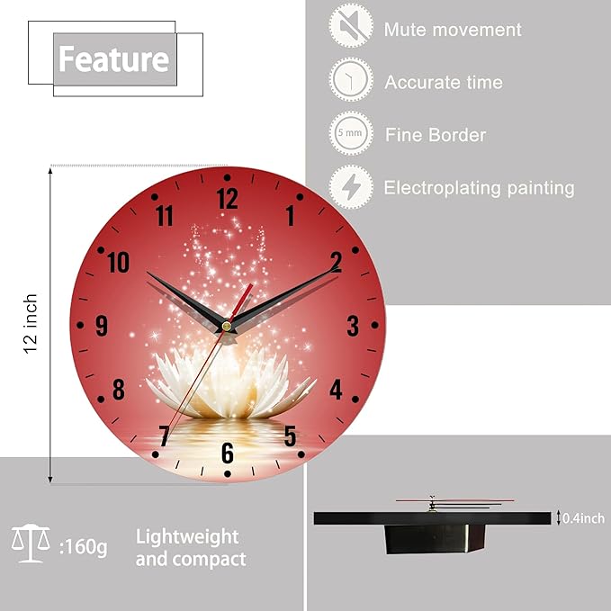 SPUNKER Wall Clock,Lotus Flower Wall Clocks for Living Room Decor,Glowing Floral Kitchen Clocks Wall Battery Operated - 10 Inch Round Bathroom Wall Clock Silent Non-Ticking