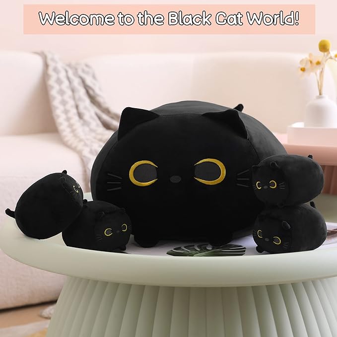 SQEQE Black Cat Plush, Cat Stuffed Animals Plushie with 4 Cute Babies Cat Plushies in Her Tummy, Soft Plushie Pillow Gifts for Kids