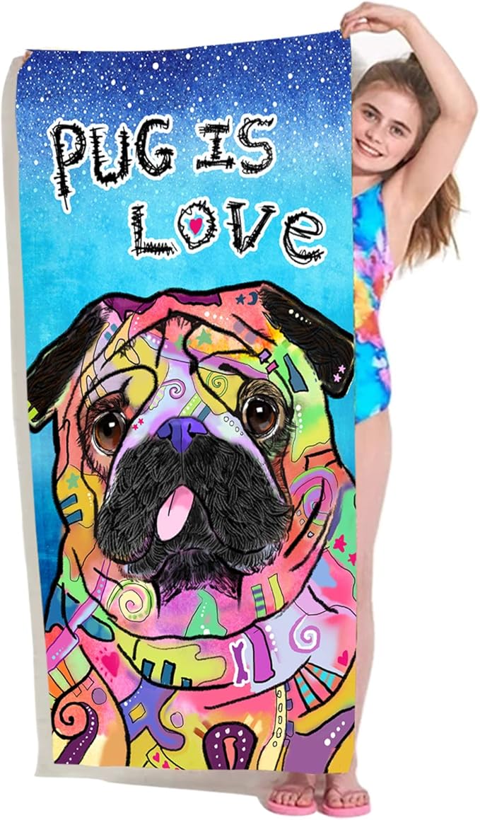 Bonsai Tree Pug Beach Towel, Cute Puppy Dog Themed Microfiber Bath Towel Gifts for Pug Lovers, Funny Abstract Trippy Sand Free Quick Dry Travel Towels for Kids Yoga Sports 30" x 60"