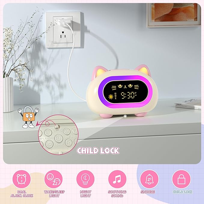 winshine Kids Alarm Clock, Ok to Wake Clock for Kids, Toddler Sleep Training Clock with Eye Protection, 10 Night Lights, Dual Alarms, Child Lock, Snooze, Timer - Cute Clock for Girls and Boys