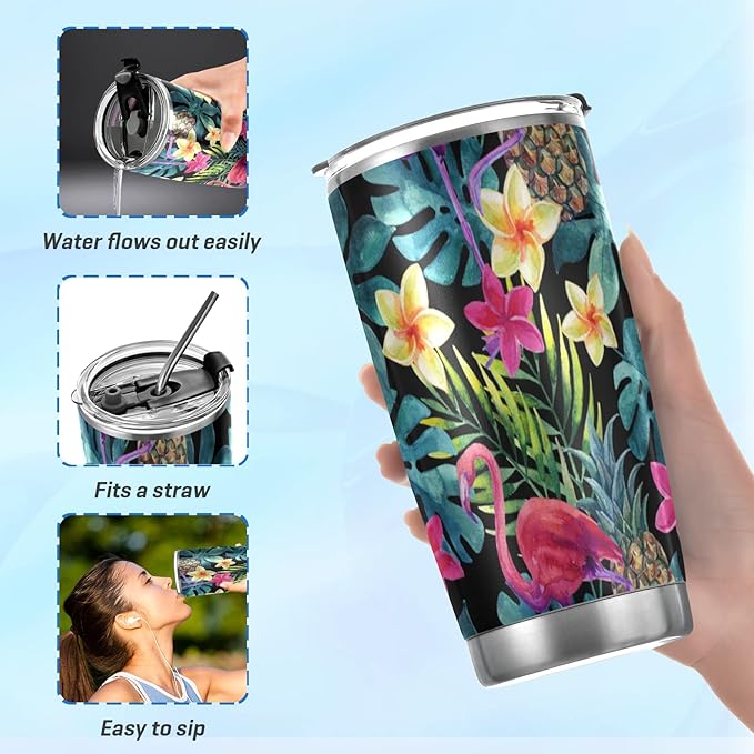 Tumbler Plumeria Pineapple Flamingo Palm Insulated Coffee Cup Beverage Container Travel Mug with Straw and Lid Double Wall Stainless Steel 20oz BPA-Free for Sport, Back to School