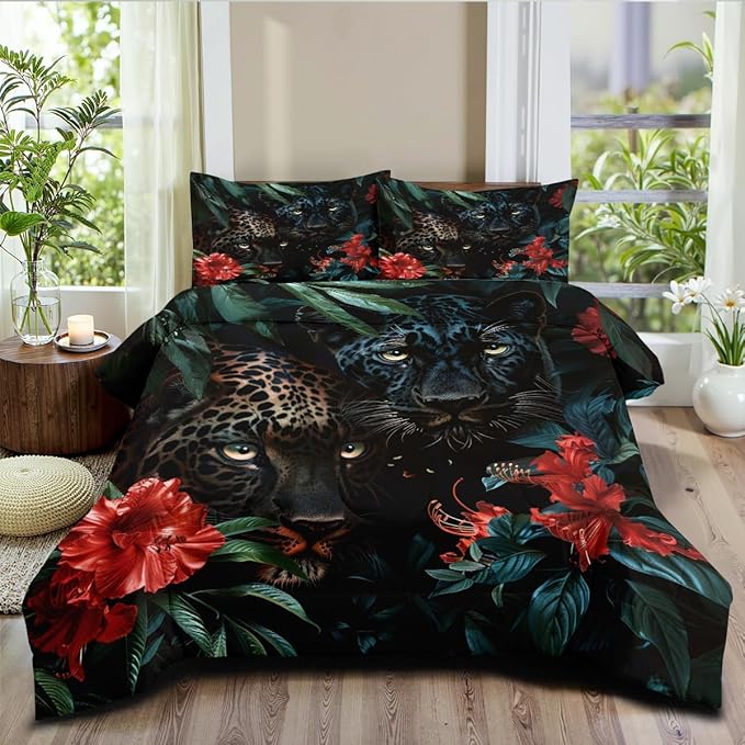 Black Cheetah Comforter Set Queen Tropical Jungle Leopard Bedding Set Wild Animal Bedding Green Leaves Red Floral Comforters Ultra Soft Down Alternative Comforter Sets for Boys Girls Teens