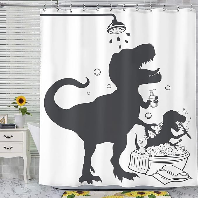 SVBright Kids Funny Dinosaur Shower Curtain 60Wx72L Inch Cartoon Animal Dino Taking Shower Silhouette Shadow Cute Boys Cool 12 Pack Hooks Polyester Waterproof Fabric Bathroom Bathtub Panels