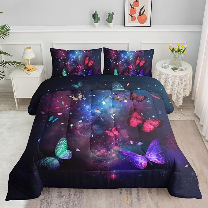 Butterfly Comforter Set for Girls Women,Colorful Butterflies in Space Galaxy Printed Black Bedding Set with 2 Pillowcases(Butterfly Galaxy Full)