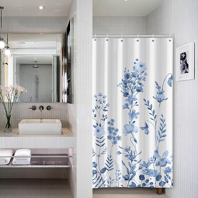 AWERT Small Half Size Stall Shower Curtain with 6 Hooks Shower Stall Curtain 36 x 72 Light Blue Floral 36 inch Shower Curtain for Bathroom/RV and Camper (Light Blue)