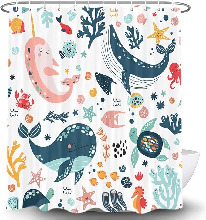 Torich Kids Shower Curtain for Bathroom, Whale Fish Baby Cartoon Ocean Creatures Animals Decor Bath Curtains, Cute Sea Fishes Coral Underwater Boys Girls Child Fabric Waterproof with 12 Hooks