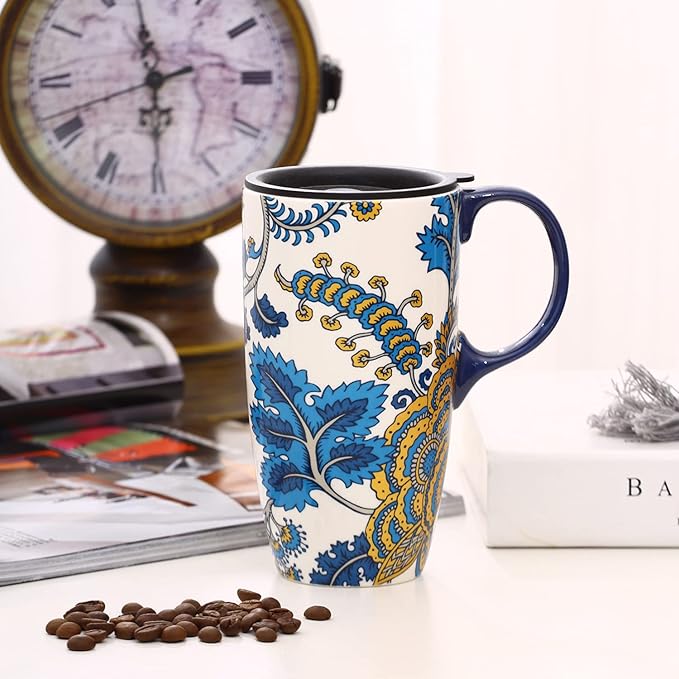 Topadorn Ceramic Mug with Lid and Handle,17oz. Tall Coffee Cup for Home,Party and Birthday,Blue Flower