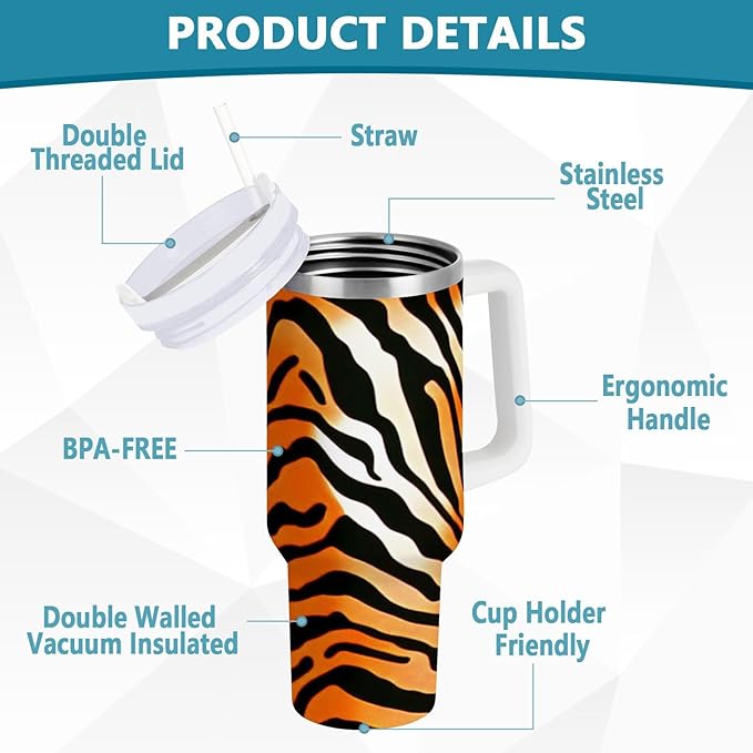 Boccsty Tiger Skin Texture Tiger Insulated Tumblers Black Orange Stripe Reusable Stainless Steel Tumbler 40 oz Cup Coffee Travel Mug Water Bottle with Handle & Flip Straw for Home Office Car
