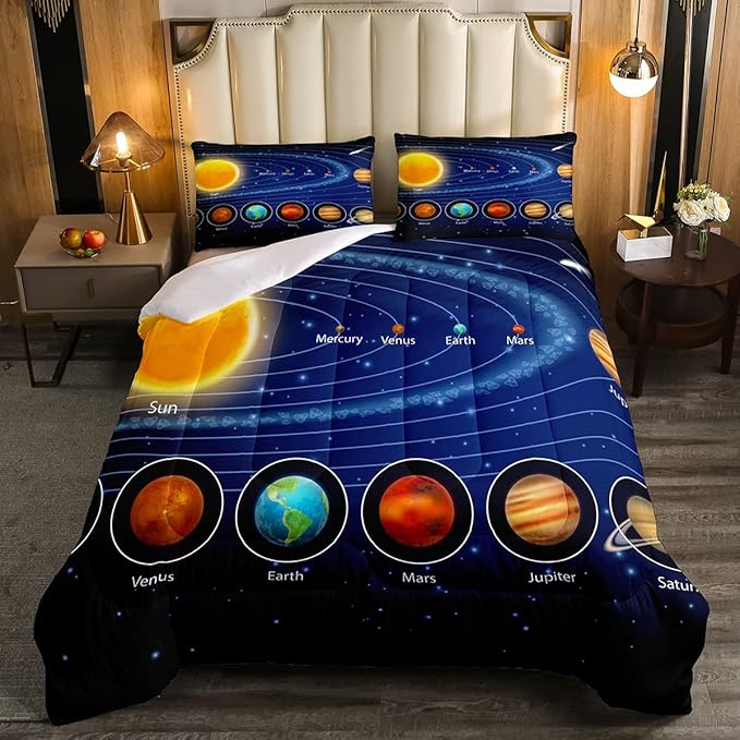 Solar System Comforter Set Queen Galaxy Bedding Set Outer Space Down Comforter Kids Boys Girls Starry Sky Universe Planets Duvet Set Room Decor Super Soft Astronomy Quilt Duvet Insert, Blue