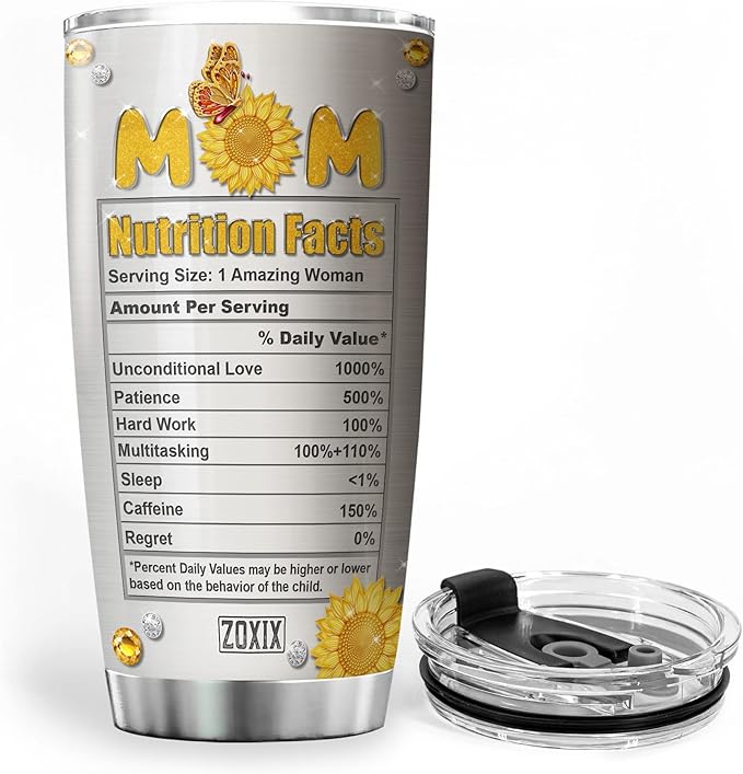 ZOXIX Mom Nutrition Facts Tumbler Sunflowers Butterfly Jewelry Style Funny Mothers Day Gift Ideas Stainless Steel Cup With Lid 20oz Mimi Mama Gifts For Birthday Sunflower Tumblers