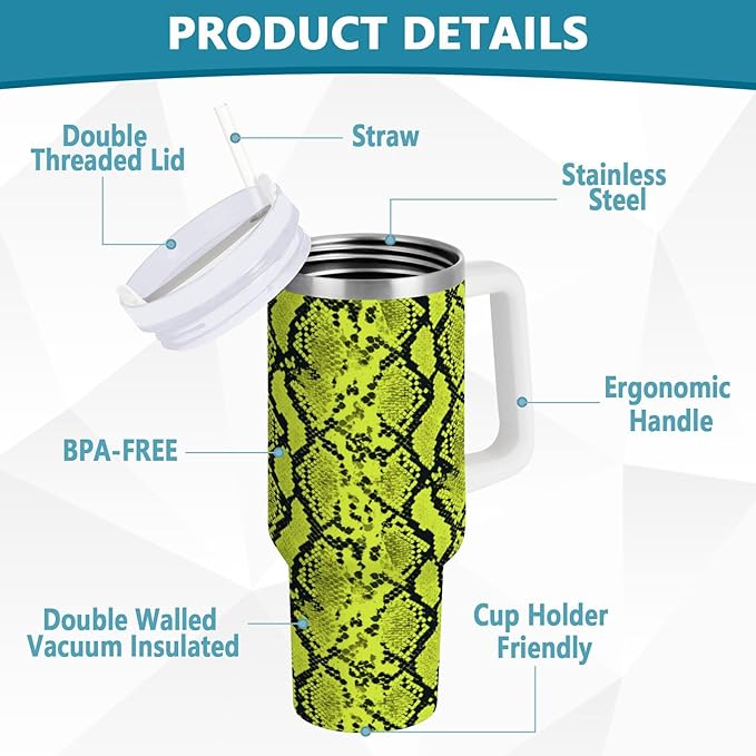 Boccsty Neon Green Snakeskin Insulated Tumblers Reusable Stainless Steel Tumbler 30 oz Cup Coffee Travel Mug Water Bottle with Handle & Flip Straw for Home Office Car