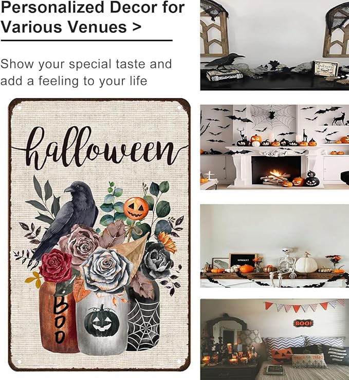 Vintage Decor Gift Halloween Flower Crow Pumpkin Mason Jar Tin Sign for Home Bedroom Living Room Wall Decor 8 X 12 Inch (3133)