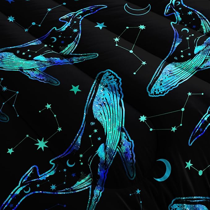 Whale Print Comforter Marine Life Bedding Set,Glowing Stars Moon Constellation Pattern Comforter Sets for Kids Boys Girls Room Decor,Cute Coastal Bedding Set Queen Size with 2 Pillowcases.