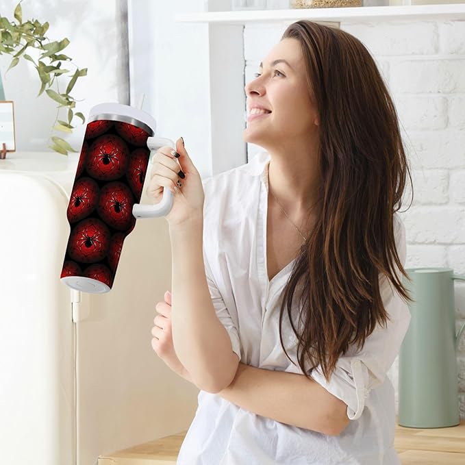 Boccsty Black Red Spider's Web Insulated Tumblers Reusable Stainless Steel Tumbler 40 oz Cup Coffee Travel Mug Water Bottle with Handle & Flip Straw for Home Office Car