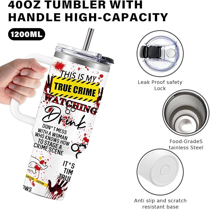 True Crime Gifts for Women Men - 40oz Funny Crime Scene Tumbler, Stainless Steel Travel Mug for Horror Podcast Fans, Crime Junkie Merch, Christmas Birthday Detective Lover Gift
