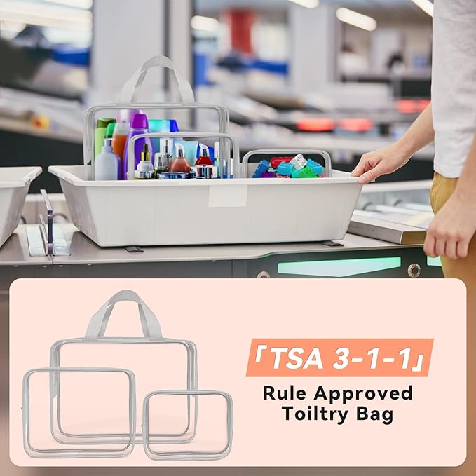 TISRATOK 10 PCS Clear Travel Makeup Toiletry Bag, Plastic PVC Cosmetic TSA Approved Organizer Kit with Zipper Handbag(Grey)