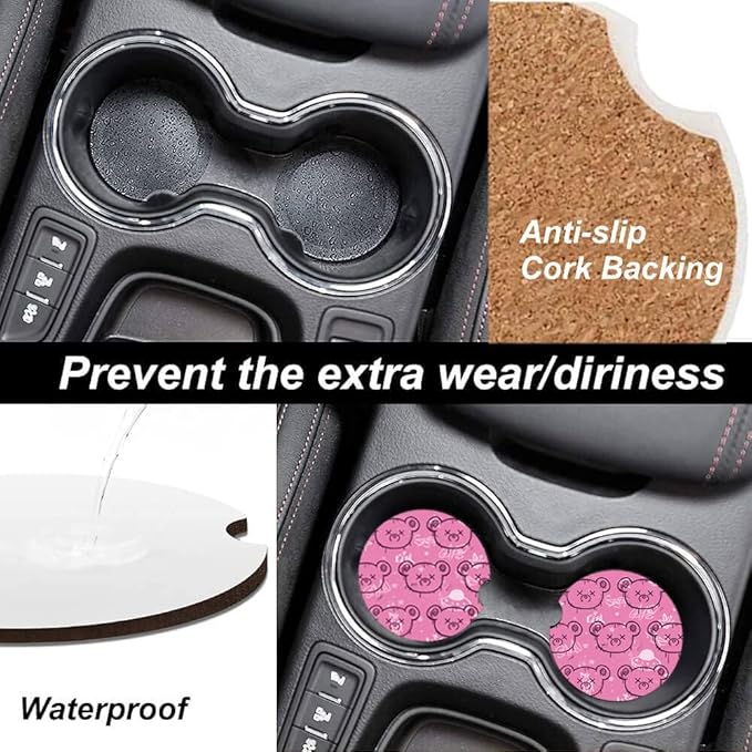Absorbent Car Cupholder Coaster 2 Pack, Cute Car Coasters with a Finger Notch for Women & Men,2.56" Ceramic Stone & Non-Scratch Cork Base Drink Coasters, Cute Auto Accessories Gifts