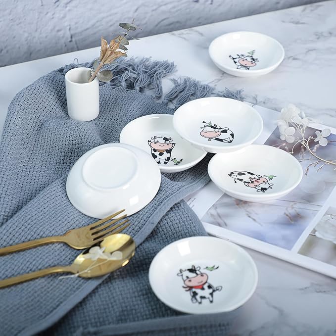 Super Cute Cartoon Animal Pattern Ceramic Sauce Dish/Seasoning Dish/Sushi Soy Dipping Bowl/Appetizer Plates/Serving Dish for Kitchen Home(Set of 6)-Cow