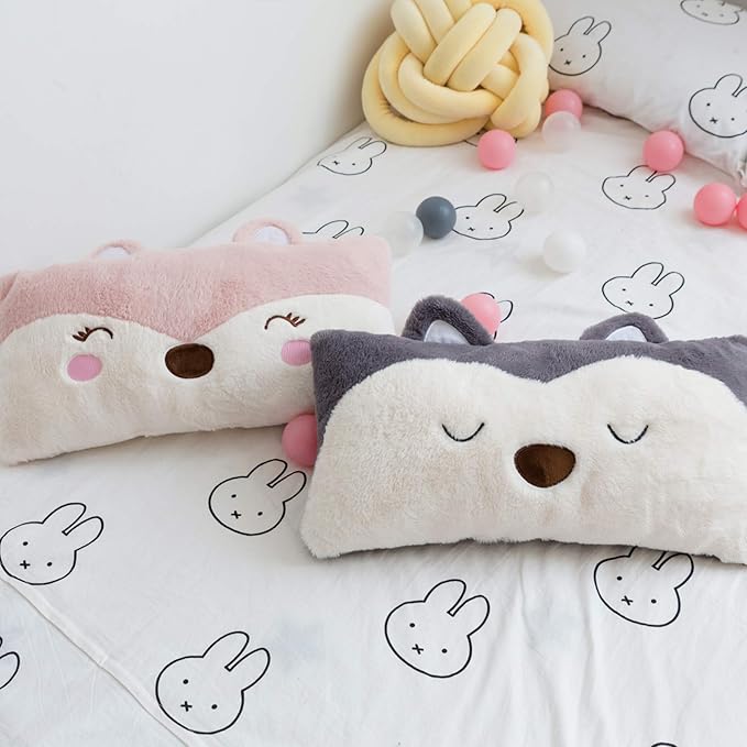 Stuffed Animal Lumbar Pillow, Super Soft Plush Cuddle Throw Pillow for Kids, Cute Fox Shaped Pillow, 12 x 24 Inches, Grey, Ivory