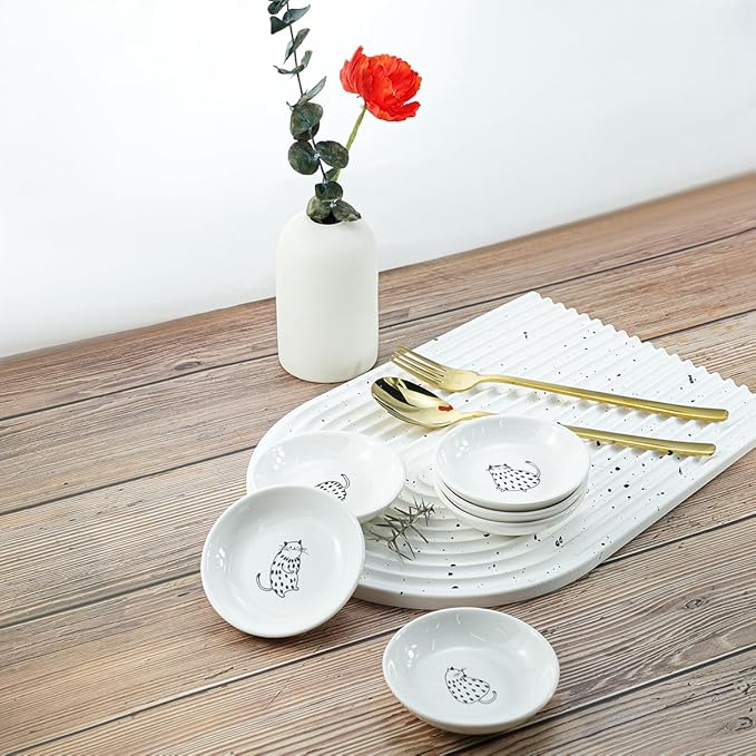 Super Cute Rain Dot Cat Ceramic Sauce Dish/Seasoning Dish/Sushi Soy Dipping Bowl/Appetizer Plates/Serving Dish for Kitchen Home(Set of 6)