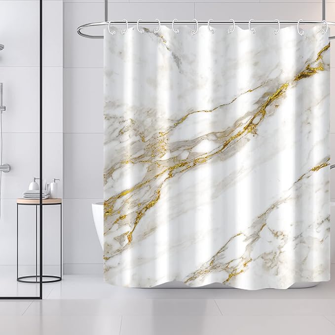 AWERT Abstract Minimalism White and Gold Ink Art Marble Shower Curtain for Bathroom Modern High Definition Printing Waterproof Shower Curtain with Hooks Bathroom Decor 60x72inch
