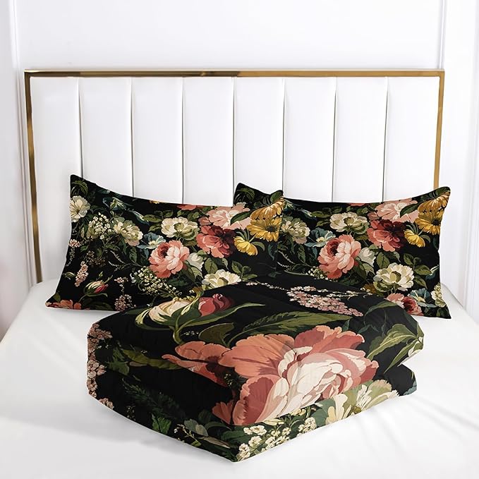 Black Floral Comforter Set Queen Colorful Floral Bedding Sets 3PCS for Kids Teen Adult Flowers Leaves Room Decor Ultra-Soft Lightweight Microfiber 1 Comforter with 2 Pillowcases