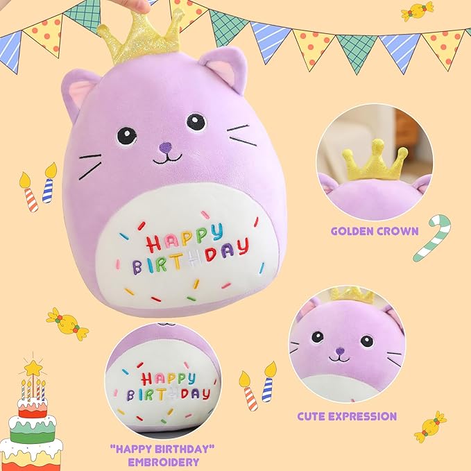 SQEQE Cat Stuffed Animal Kawaii Cat Plushie with Golden Crown Soft Kitty Stuffed Toy Birthday Party Decoration Gift for Kids Girls Boys(Purple Caticorn,10 Inch)