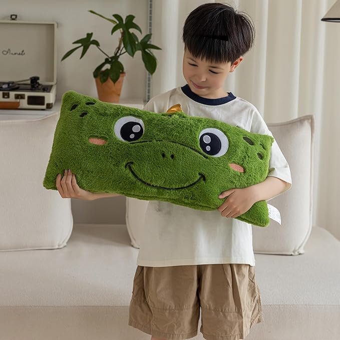 Stuffed Animal Lumbar Pillow, Super Soft Plush Cuddle Throw Pillow for Kids, Cute Dinosaur Shaped Pillow, 12 x 24 Inches, Green