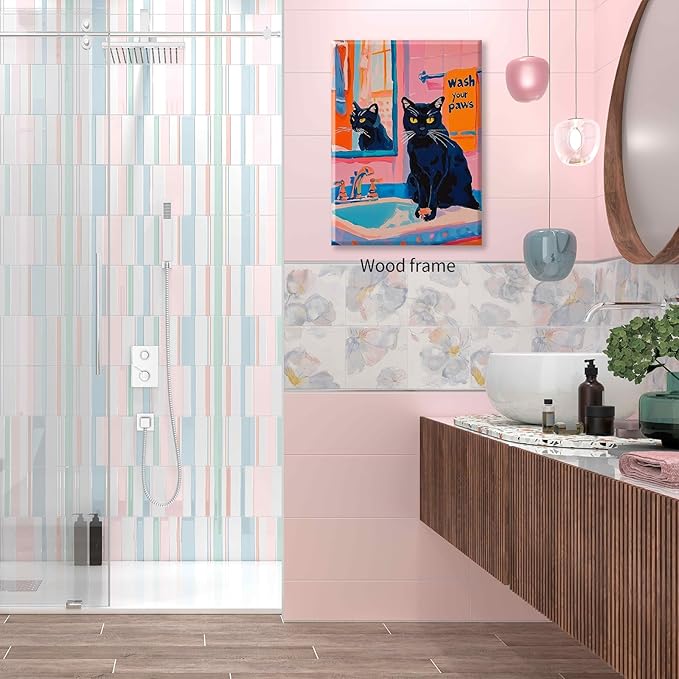Black Cat Wash Your Paws Fun Wall Art Funky Colorful Bathroom Animal Poster Playful Kitsch Dopamine Aesthetic Canvas Pictures 16x24 inch Framed for Bathroom Wall Decor