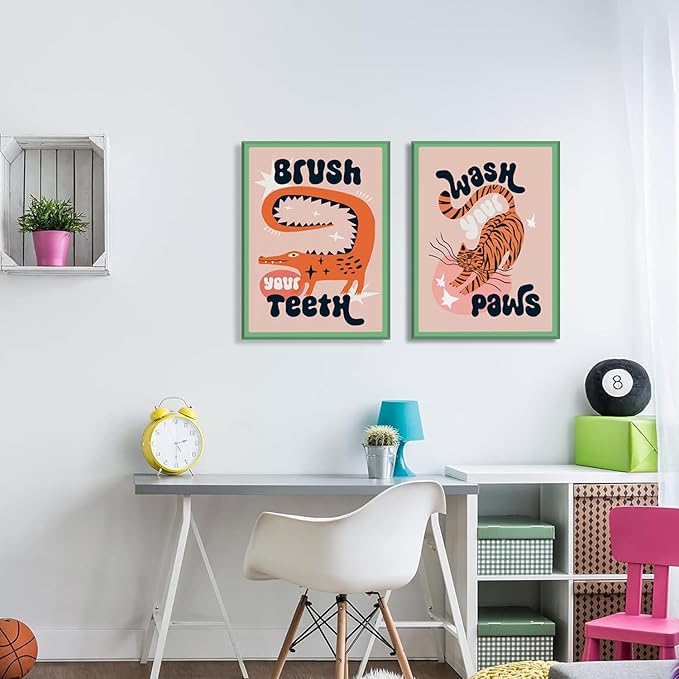 YFvrPt Funny Bathroom Animal Wall Art, Tiger Wash Your Paws Bathroom Wall Decor, Cute Eclectic Restroom Poster Canvas Prints Funky Maximalist Toilet Sign for Kids Room Nursery Framed 12x16 inch