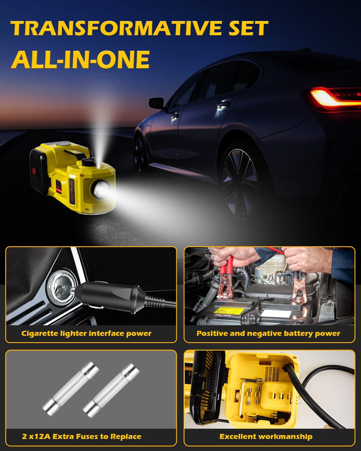 Electric Car Jack, 5 Ton 12V Digital Display Electric Jack for Car with E-Impact Wrench, Tire Inflator Pump and LED Light, (Lifting Range: 6.1~17.7 Inch) for Sedan, SUV, Truck Tire Change Replacement