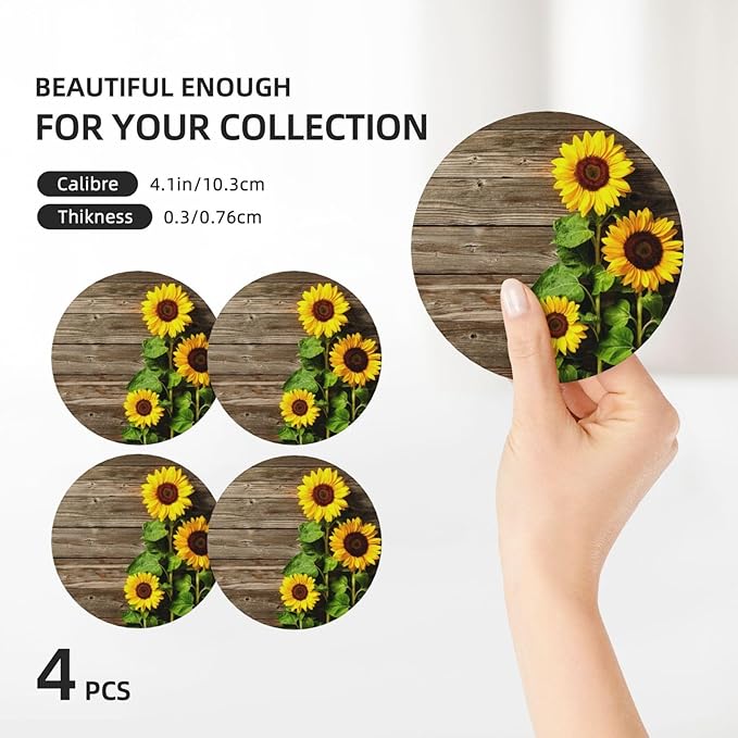 Sunflower Coasters for Drinks Set of 4, 4 Inch Romantic Wooden Background Absorbent Diatomite Ceramics Coasters for Coffee Table with Cork Base Tabletop Protection Suitable for Dining Desks