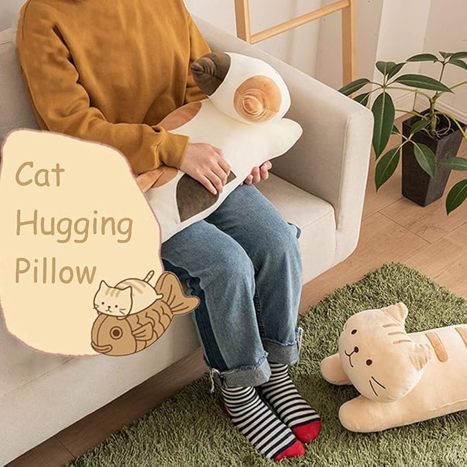ARELUX 22in Soft Cat Big Sleeping Hugging Pillows,White Cat Plush Pillow, Kitten Stuffed Animal Throw Pillows Accompany Plush for Friends Family Birthday