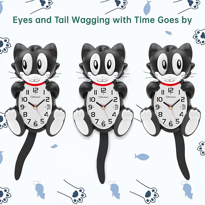 Soobest 18 Inch 3D Large Cat Wall Clock Battery Operated Silent Non Ticking with Moving Eyes and Pendulum Tail, Retro Kids Analog Wall Clock for Gift Decor Black