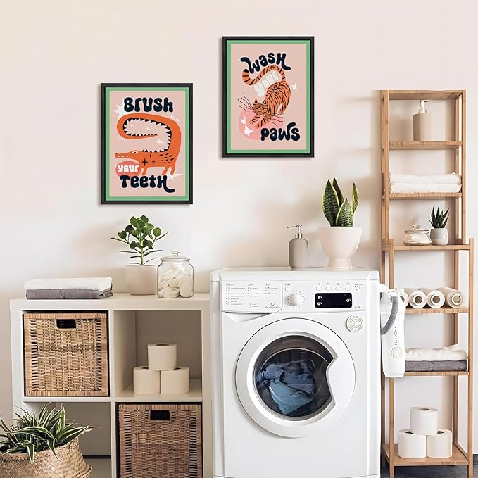 YFvrPt Funny Bathroom Animal Wall Art Tiger Wash Your Paws Bathroom Wall Decor Cute Eclectic Sign Canvas Poster Prints Maximalist Toilet Pictures 12x16 inch Black Framed